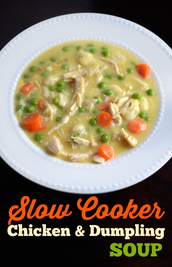 Slow Cooker Chicken & Dumpling Soup recipe - Creamy chicken soup with dumplings, peas and carrots
