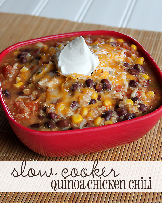This Slow Cooker Quinoa Chicken Chili is easy, filling and delicious. It's a great gluten-free recipe and you can leave out the chicken if you want it to be vegetarian!