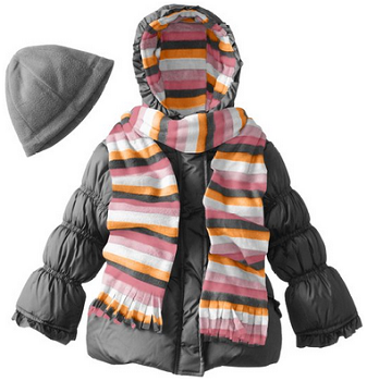 Pink Platinum Little Girls Solid Puffer with Hat and Striped Scarf