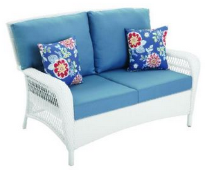 Martha Stewart Living Charlottetown White All-Weather Wicker Patio Loveseat with Washed Blue Cushion