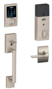 Schlage Connect Century Satin Nickel Touchscreen Deadbolt with Alarm and Handle set with Latitude Interior Lever