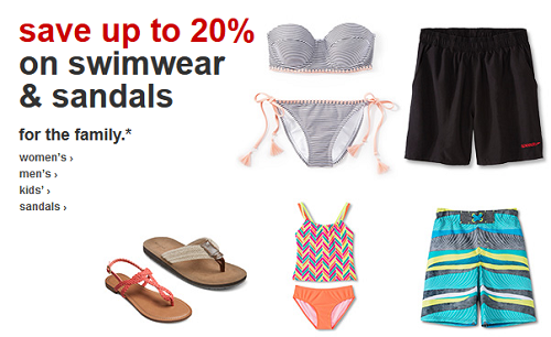 Target - up to 20percent off swimwear and sandals