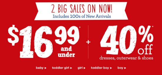 Gymboree 2 Sales - everything 16.99, dresses and outerwear 40percent off