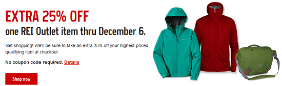 REI - extra 25percent off one REI Outlet item