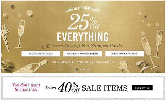 TinyPrints - 25percent off everything plus 10percent off foil stamped