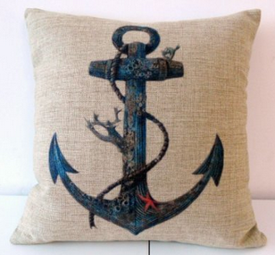 HOSL Cotton Linen Square Throw Pillow Case Decorative Cushion Cover Pillowcase for Sofa Blue Rusty Anchor with Coral 18X18