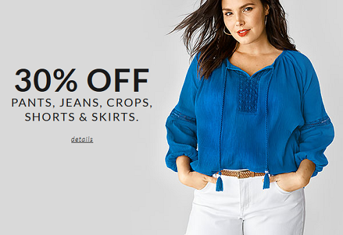 Lane Bryant - 30percent off pants, jeans, crops, shorts and skirts