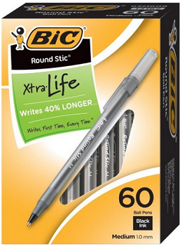 BIC Round Stic Xtra Life Ball Pen, Medium Point (1.0 mm), Black, 60-Count