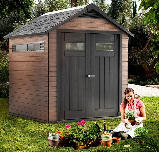 Mahogany Keter Fusion 7.5 ft x 7.3 ft Wood and Plastic Composite Outdoor Storage Shed 